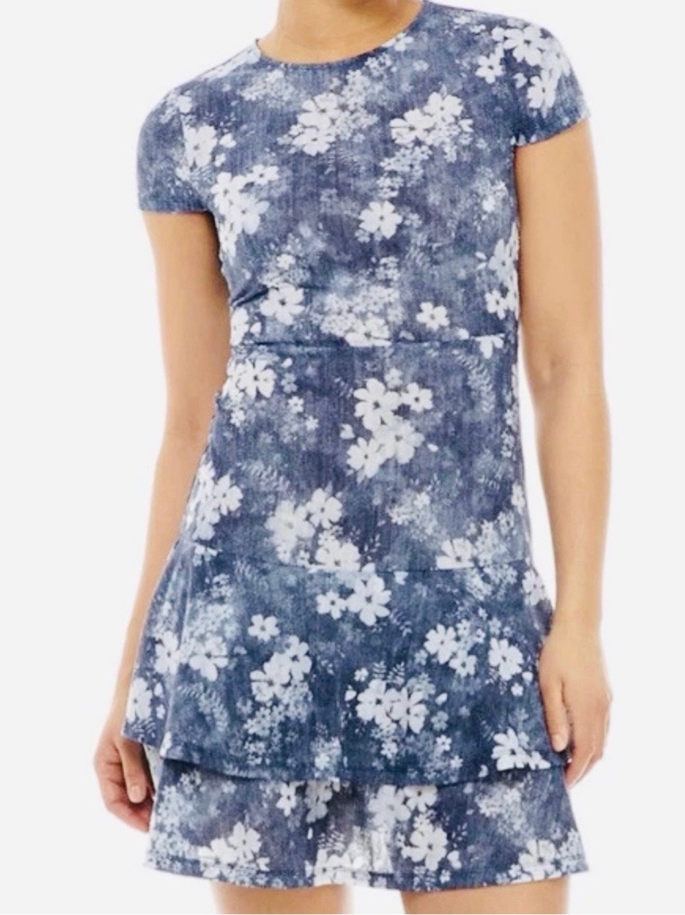 MICHAEL Kors Double Tier Hem Cap Sleeve Dress Blue Floral Size S